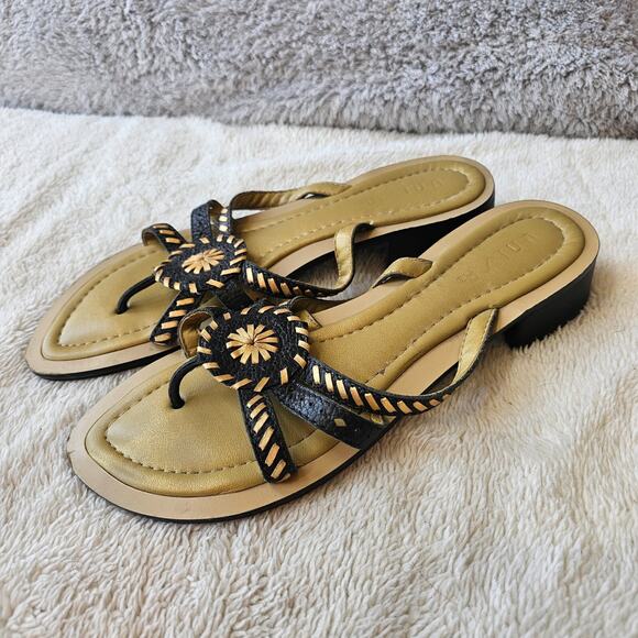 Unisa Newport Thong Sandals Flip Flops Black & Tan Woven Leather Medallion 9.5 - Picture 2 of 4